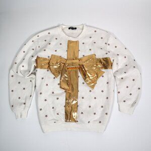 Vinyl Sweatshirt Huge Gold Bow Accent New Years Women's Medium